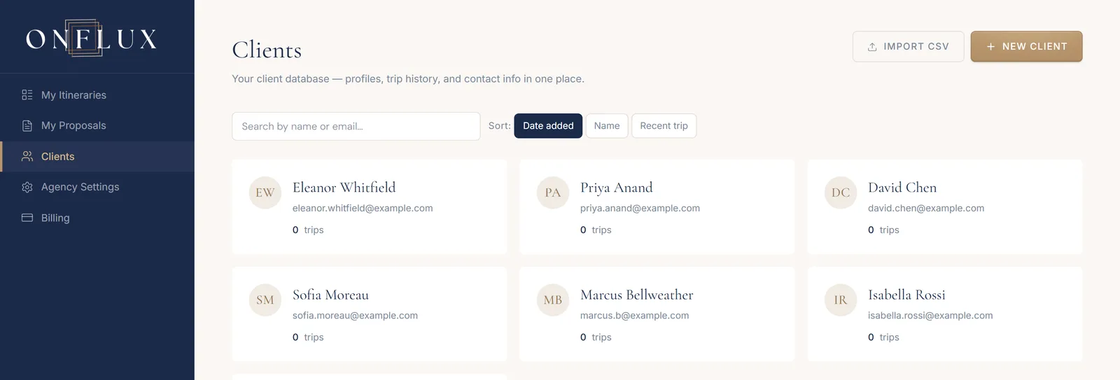 The clients dashboard — every client profile and trip history in one place