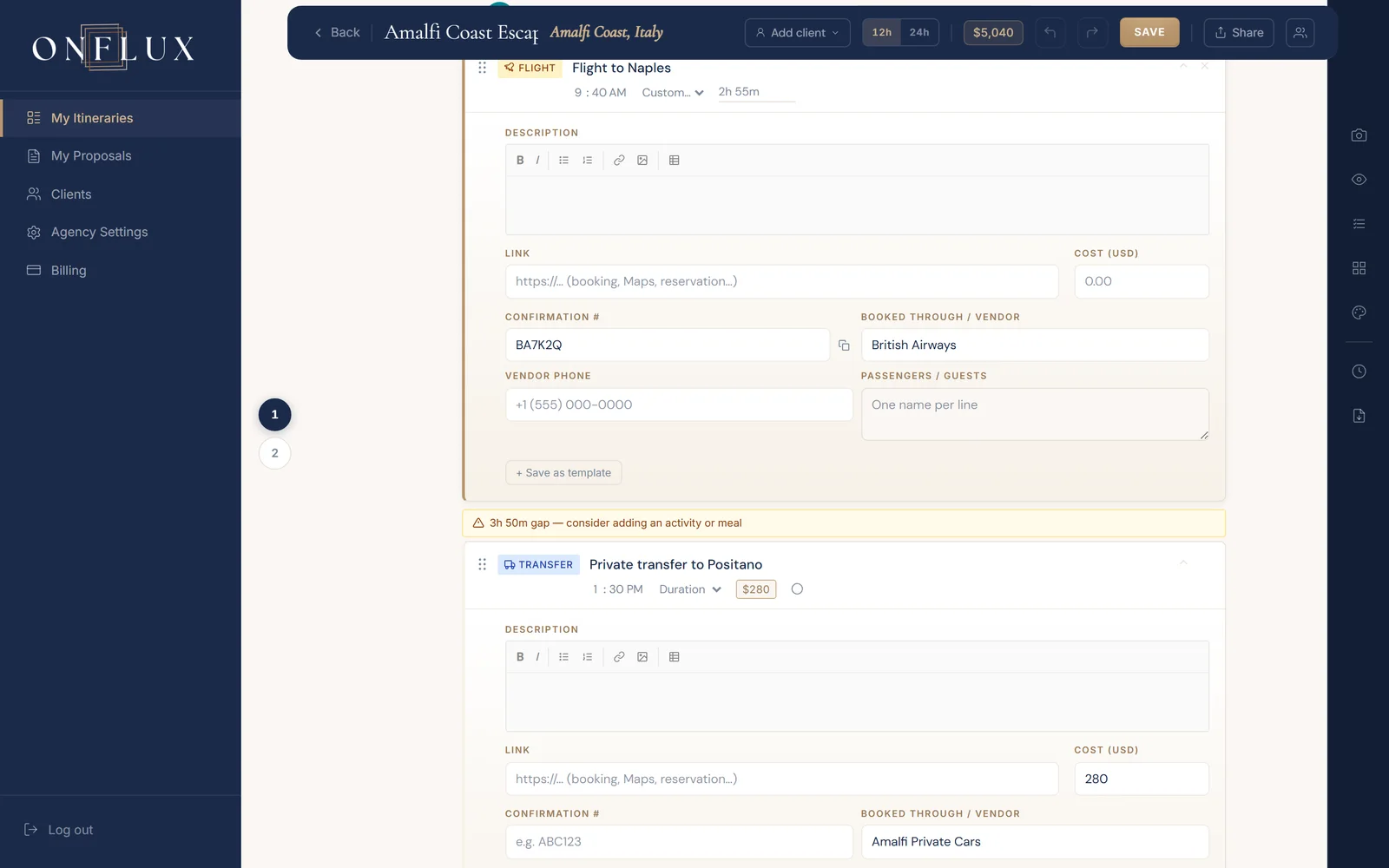 The Onflux builder, editing a richly-detailed itinerary item