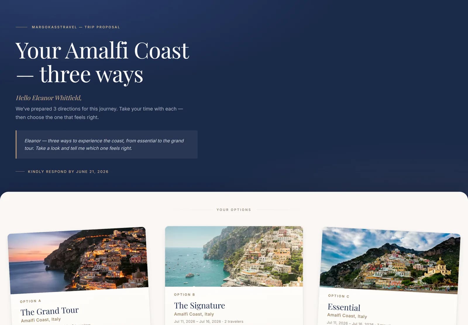 A client-facing proposal, three trip options to compare and approve