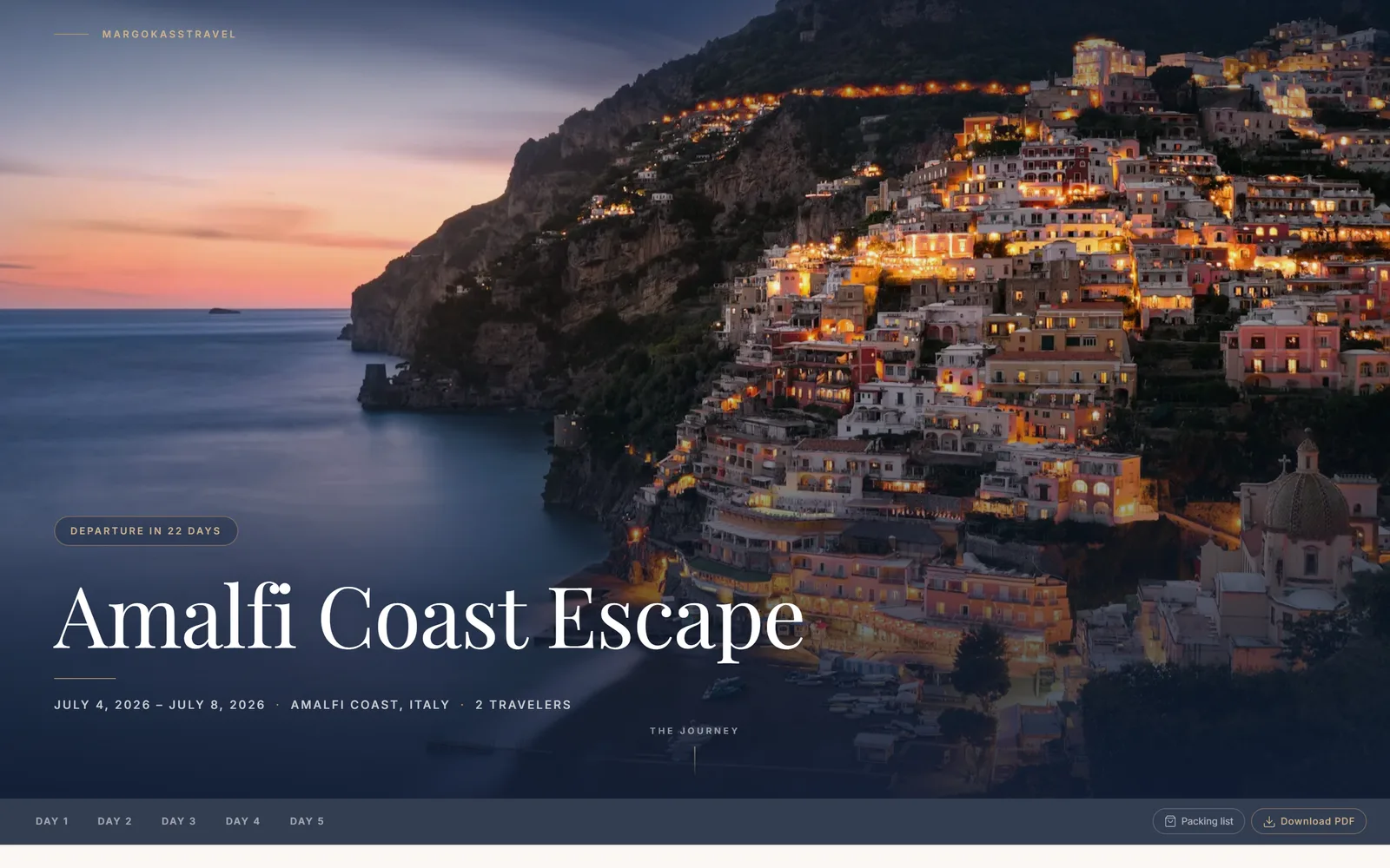 The branded client itinerary — a magazine-style share view